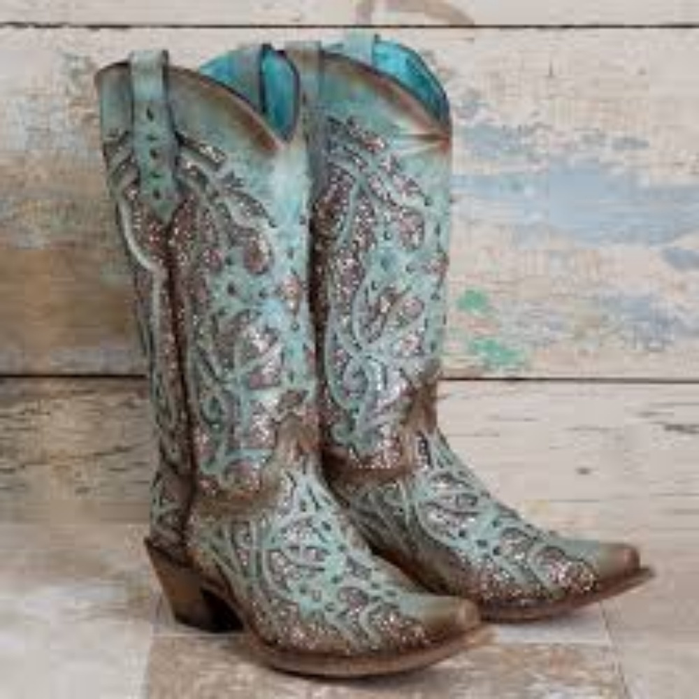 Mint Glitter Inlay Corral Boots
